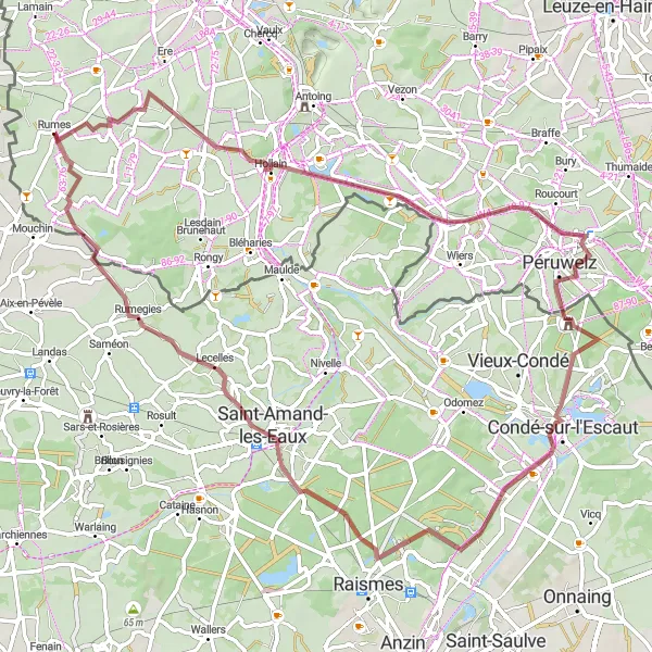 Miniature de la carte de l'inspiration cycliste "Les Chemins secrets de Rumes" dans la Prov. Hainaut, Belgium. Générée par le planificateur d'itinéraire cycliste Tarmacs.app
