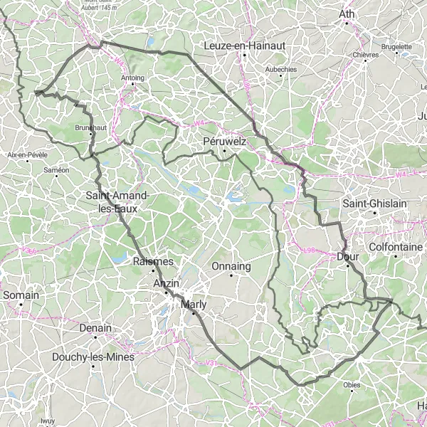 Karten-Miniaturansicht der Radinspiration "Rundfahrt Rumes - Valenciennes - Lesdain" in Prov. Hainaut, Belgium. Erstellt vom Tarmacs.app-Routenplaner für Radtouren