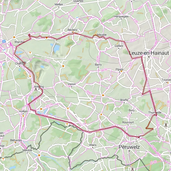 Karten-Miniaturansicht der Radinspiration "Graveltour nach Béclers, Thumaide, Callenelle, Antoing und Warchin" in Prov. Hainaut, Belgium. Erstellt vom Tarmacs.app-Routenplaner für Radtouren