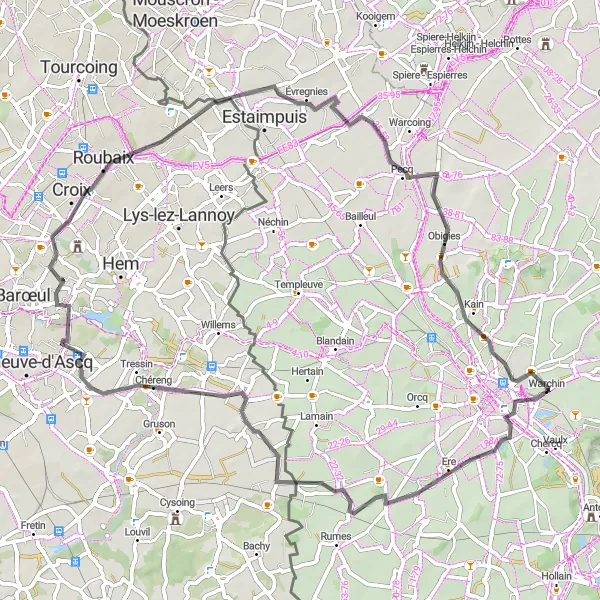 Map miniature of "Esplechin and Chéreng Loop" cycling inspiration in Prov. Hainaut, Belgium. Generated by Tarmacs.app cycling route planner