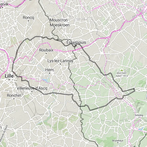 Map miniature of "Camphin-en-Pévèle - Bailleul Loop" cycling inspiration in Prov. Hainaut, Belgium. Generated by Tarmacs.app cycling route planner