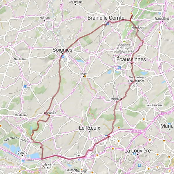 Map miniature of "Hainaut Gravel Loop" cycling inspiration in Prov. Hainaut, Belgium. Generated by Tarmacs.app cycling route planner