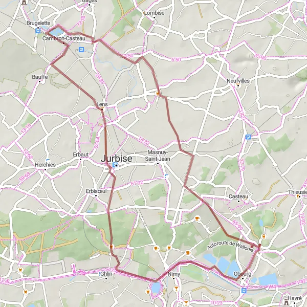 Miniatuurkaart van de fietsinspiratie "Gravelavontuur van Saint-Denis naar Masnuy-Saint-Pierre" in Prov. Hainaut, Belgium. Gemaakt door de Tarmacs.app fietsrouteplanner