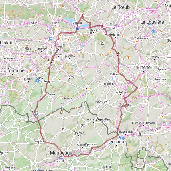 Miniatuurkaart van de fietsinspiratie "Gravelavontuur van Saint-Denis naar Obourg" in Prov. Hainaut, Belgium. Gemaakt door de Tarmacs.app fietsrouteplanner