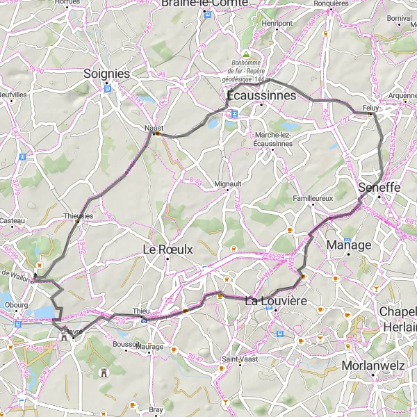 Map miniature of "Scenic Loop in Houdeng" cycling inspiration in Prov. Hainaut, Belgium. Generated by Tarmacs.app cycling route planner