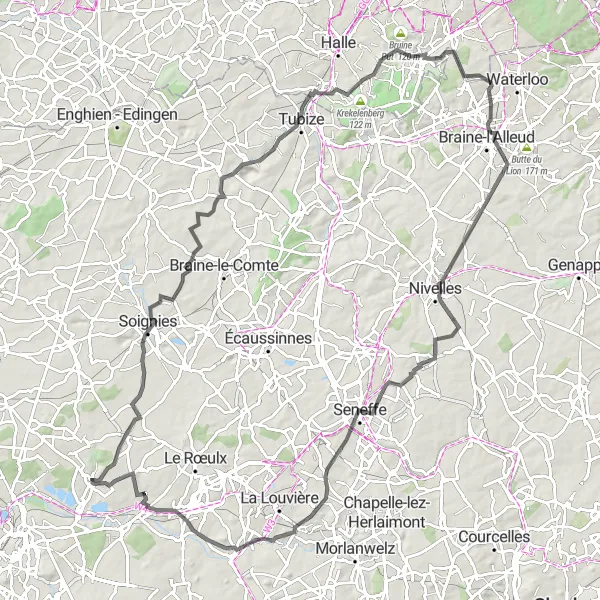 Miniatuurkaart van de fietsinspiratie "Historische route van Saint-Denis naar Nivelles" in Prov. Hainaut, Belgium. Gemaakt door de Tarmacs.app fietsrouteplanner