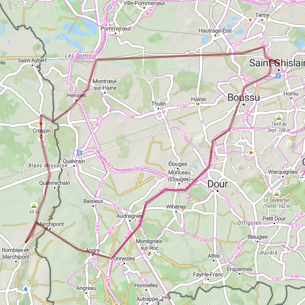 Map miniature of "Dour Loop" cycling inspiration in Prov. Hainaut, Belgium. Generated by Tarmacs.app cycling route planner