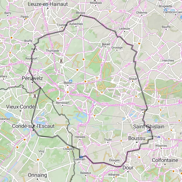 Karten-Miniaturansicht der Radinspiration "Rundfahrt durch Hainaut - Straßenroute" in Prov. Hainaut, Belgium. Erstellt vom Tarmacs.app-Routenplaner für Radtouren