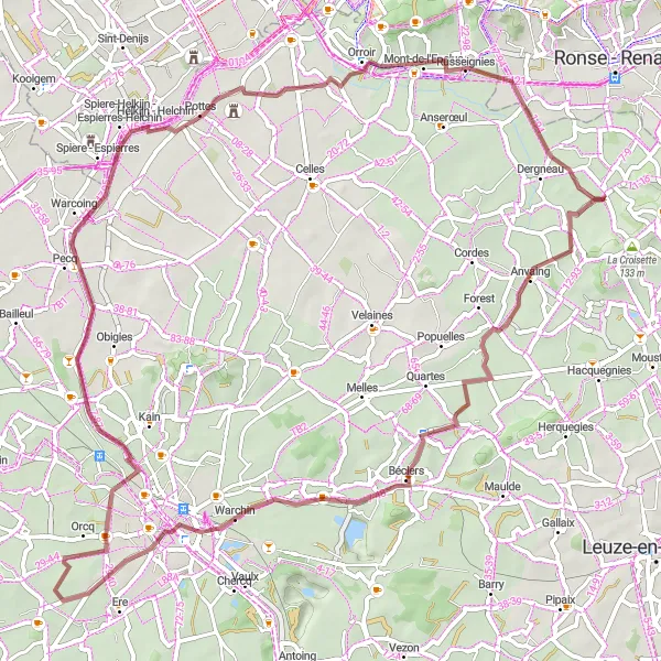 Miniatuurkaart van de fietsinspiratie "Gravelroute vanuit Saint-Sauveur via Thimougies en Beffroi de Tournai" in Prov. Hainaut, Belgium. Gemaakt door de Tarmacs.app fietsrouteplanner