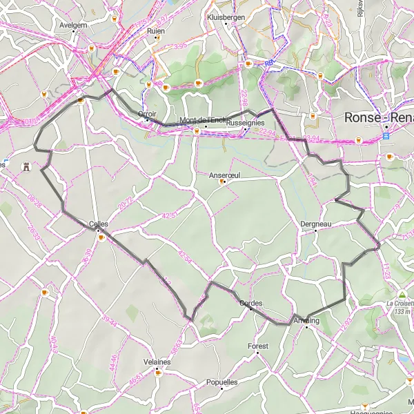 Miniatuurkaart van de fietsinspiratie "Wegroute vanuit Saint-Sauveur via Cordes en Orroir" in Prov. Hainaut, Belgium. Gemaakt door de Tarmacs.app fietsrouteplanner