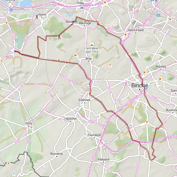 Miniature de la carte de l'inspiration cycliste "Les chemins de Vellereille-les-Brayeux" dans la Prov. Hainaut, Belgium. Générée par le planificateur d'itinéraire cycliste Tarmacs.app