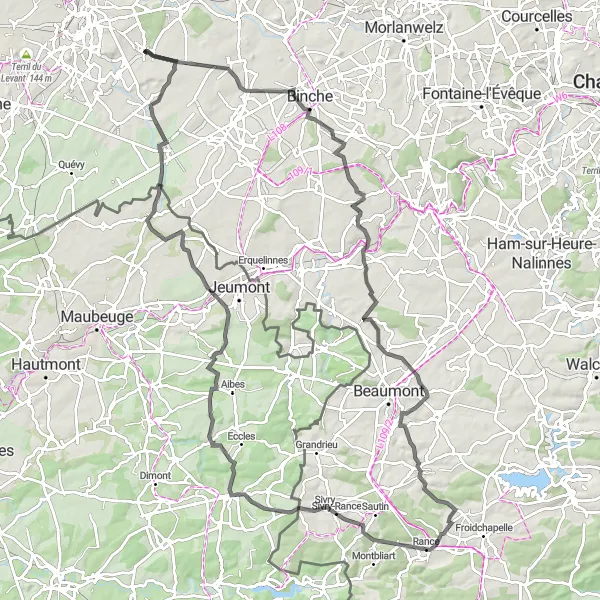 Map miniature of "Sars-la-Buissière Road Route" cycling inspiration in Prov. Hainaut, Belgium. Generated by Tarmacs.app cycling route planner