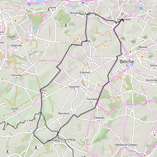Miniatuurkaart van de fietsinspiratie "Wegroute naar Saint-Vaast en omgeving" in Prov. Hainaut, Belgium. Gemaakt door de Tarmacs.app fietsrouteplanner