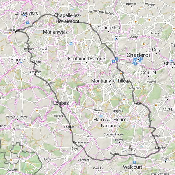 Karten-Miniaturansicht der Radinspiration "Herausfordernde Roadbike-Strecke durch die belgische Landschaft" in Prov. Hainaut, Belgium. Erstellt vom Tarmacs.app-Routenplaner für Radtouren