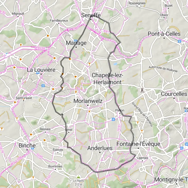 Map miniature of "Seneffe - Godarville - Château de Fontaine-l'Évêque - Leval-Trahegnies - Terril - Seneffe" cycling inspiration in Prov. Hainaut, Belgium. Generated by Tarmacs.app cycling route planner
