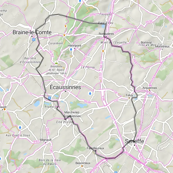Map miniature of "Seneffe - Familleureux - Braine-le-Comte - Cabane d'observation du halage - Feluy - Seneffe" cycling inspiration in Prov. Hainaut, Belgium. Generated by Tarmacs.app cycling route planner