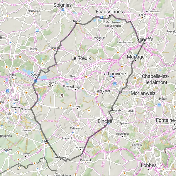 Miniature de la carte de l'inspiration cycliste "Parcours routier à la découverte de Seneffe" dans la Prov. Hainaut, Belgium. Générée par le planificateur d'itinéraire cycliste Tarmacs.app