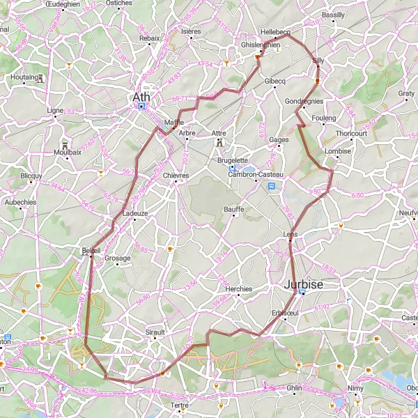 Miniatuurkaart van de fietsinspiratie "Gravelroute via Gondregnies en Ghislenghien" in Prov. Hainaut, Belgium. Gemaakt door de Tarmacs.app fietsrouteplanner