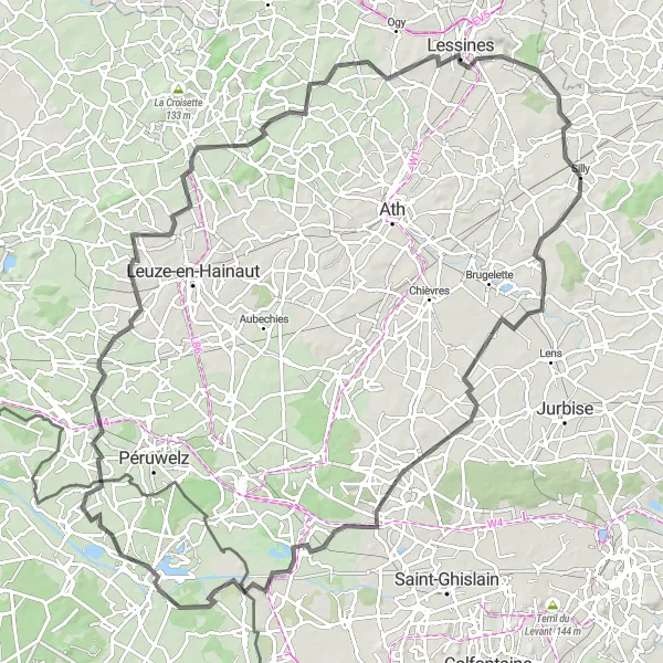 Map miniature of "The Historic Roads of Hainaut" cycling inspiration in Prov. Hainaut, Belgium. Generated by Tarmacs.app cycling route planner