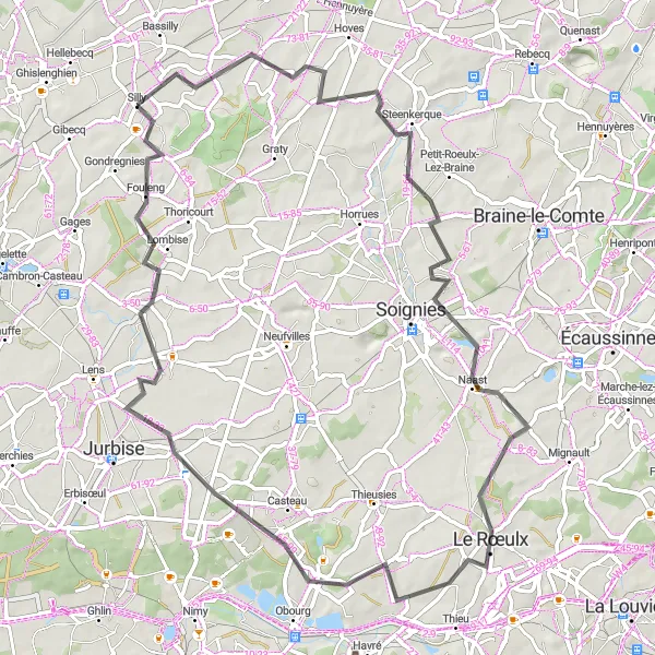 Map miniature of "Picturesque County Road Cycling" cycling inspiration in Prov. Hainaut, Belgium. Generated by Tarmacs.app cycling route planner