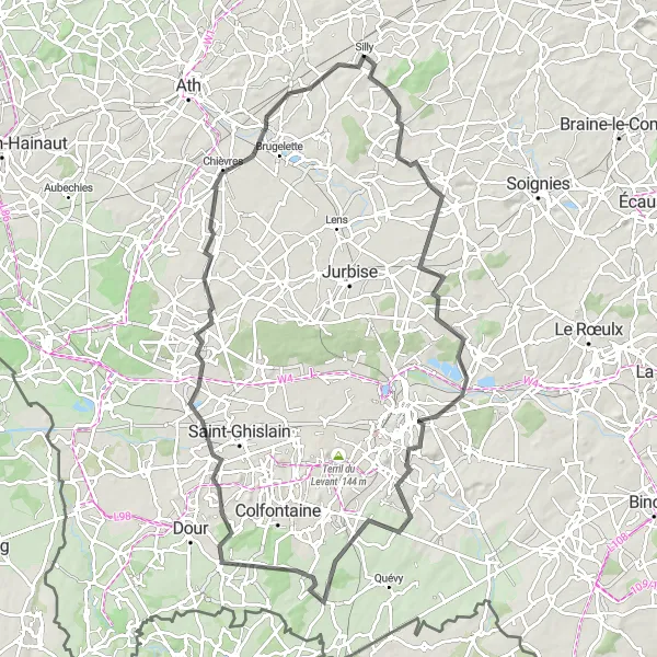 Map miniature of "Hilly Adventure Road Cycling" cycling inspiration in Prov. Hainaut, Belgium. Generated by Tarmacs.app cycling route planner