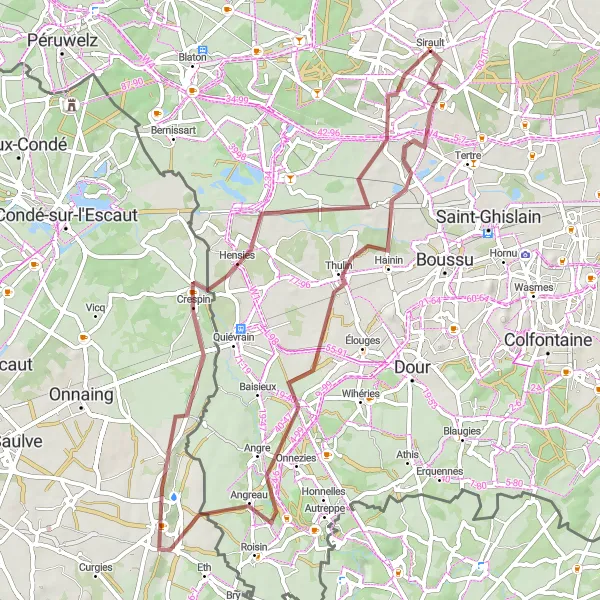 Miniature de la carte de l'inspiration cycliste "Les Collines de Sirault Gravel Tour" dans la Prov. Hainaut, Belgium. Générée par le planificateur d'itinéraire cycliste Tarmacs.app