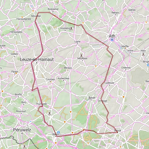 Miniatuurkaart van de fietsinspiratie "Gravelroute richting Frasnes-lez-Buissenal en Irchonwelz" in Prov. Hainaut, Belgium. Gemaakt door de Tarmacs.app fietsrouteplanner