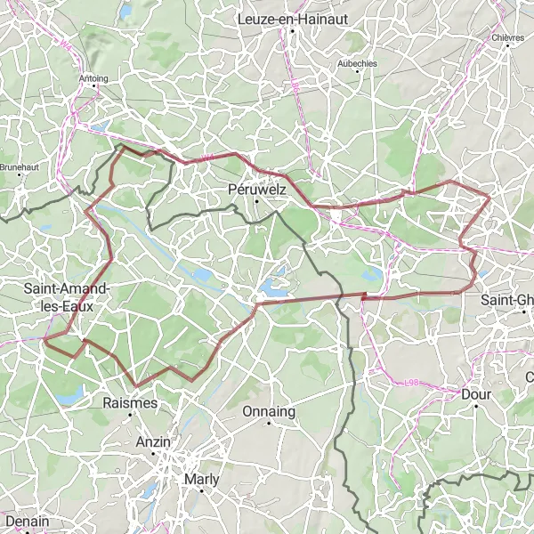 Miniatuurkaart van de fietsinspiratie "Gravelroute van Sirault naar Saint-Amand-les-Eaux" in Prov. Hainaut, Belgium. Gemaakt door de Tarmacs.app fietsrouteplanner