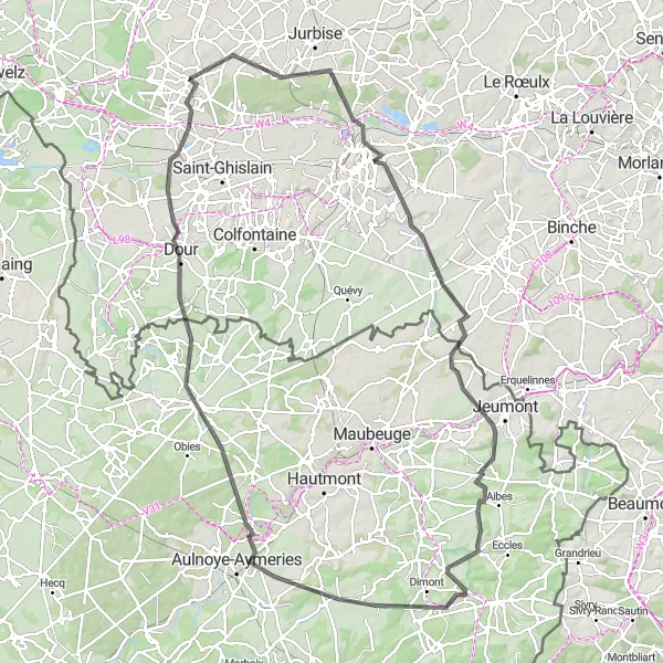 Map miniature of "Sirault Road Escape" cycling inspiration in Prov. Hainaut, Belgium. Generated by Tarmacs.app cycling route planner