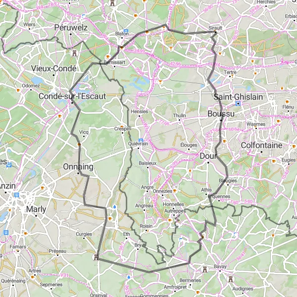 Miniatuurkaart van de fietsinspiratie "Ontdekkingstocht door het platteland van Henegouwen" in Prov. Hainaut, Belgium. Gemaakt door de Tarmacs.app fietsrouteplanner