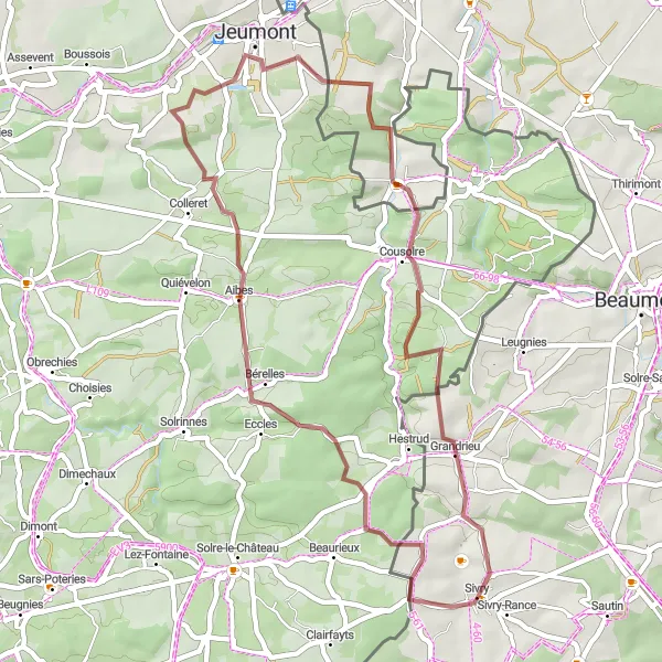 Miniature de la carte de l'inspiration cycliste "Parcours gravel à Cousolre et Aibes" dans la Prov. Hainaut, Belgium. Générée par le planificateur d'itinéraire cycliste Tarmacs.app
