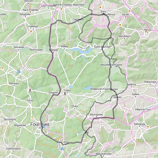 Karten-Miniaturansicht der Radinspiration "Rundfahrt von Sivry durch Anor und Clairfayts" in Prov. Hainaut, Belgium. Erstellt vom Tarmacs.app-Routenplaner für Radtouren