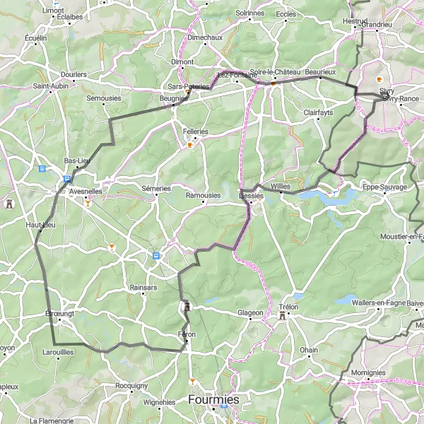 Karten-Miniaturansicht der Radinspiration "Roadtrip durch malerische Dörfer" in Prov. Hainaut, Belgium. Erstellt vom Tarmacs.app-Routenplaner für Radtouren