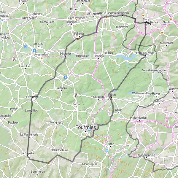 Karten-Miniaturansicht der Radinspiration "Rundfahrt von Sivry nach Étrœungt und Sivry-Rance" in Prov. Hainaut, Belgium. Erstellt vom Tarmacs.app-Routenplaner für Radtouren