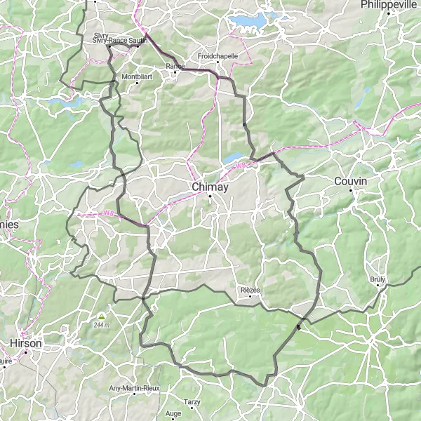 Miniatuurkaart van de fietsinspiratie "Wegroute naar Sivry-Rance" in Prov. Hainaut, Belgium. Gemaakt door de Tarmacs.app fietsrouteplanner