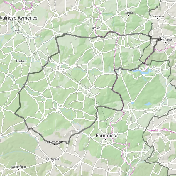 Karten-Miniaturansicht der Radinspiration "Roadtrip von Sivry nach La Flamengrie und Beaurieux" in Prov. Hainaut, Belgium. Erstellt vom Tarmacs.app-Routenplaner für Radtouren