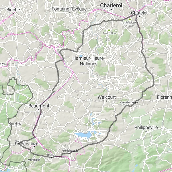 Miniature de la carte de l'inspiration cycliste "Parcours de 100 km à travers les paysages variés de Hainaut" dans la Prov. Hainaut, Belgium. Générée par le planificateur d'itinéraire cycliste Tarmacs.app