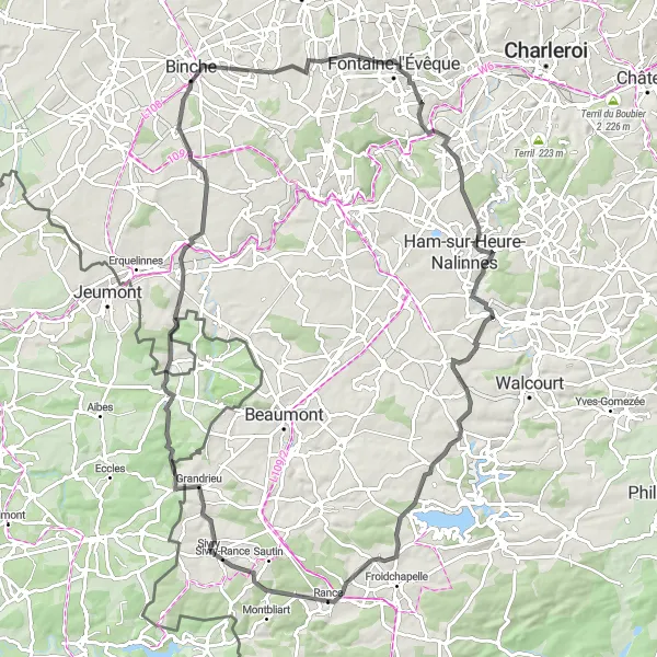 Miniature de la carte de l'inspiration cycliste "Parcours pittoresque de 94 km près de Sivry" dans la Prov. Hainaut, Belgium. Générée par le planificateur d'itinéraire cycliste Tarmacs.app