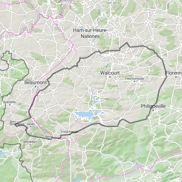 Map miniature of "Southern Tour" cycling inspiration in Prov. Hainaut, Belgium. Generated by Tarmacs.app cycling route planner