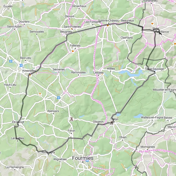 Miniature de la carte de l'inspiration cycliste "La Boucle d'Éppe-Sauvage" dans la Prov. Hainaut, Belgium. Générée par le planificateur d'itinéraire cycliste Tarmacs.app
