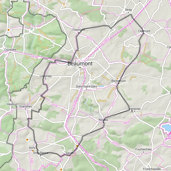Map miniature of "Road Cycling Adventure to Leugnies and Sautin" cycling inspiration in Prov. Hainaut, Belgium. Generated by Tarmacs.app cycling route planner