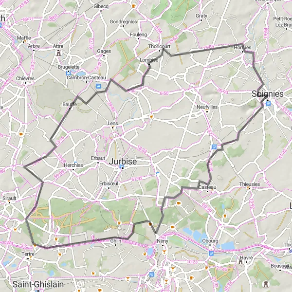 Miniature de la carte de l'inspiration cycliste "Escapade sur route depuis Soignies" dans la Prov. Hainaut, Belgium. Générée par le planificateur d'itinéraire cycliste Tarmacs.app