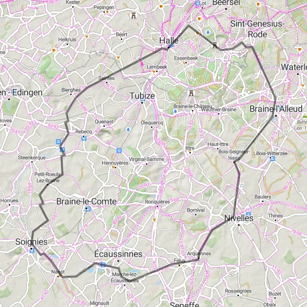 Karten-Miniaturansicht der Radinspiration "Radtour von Soignies nach Écaussinnes" in Prov. Hainaut, Belgium. Erstellt vom Tarmacs.app-Routenplaner für Radtouren