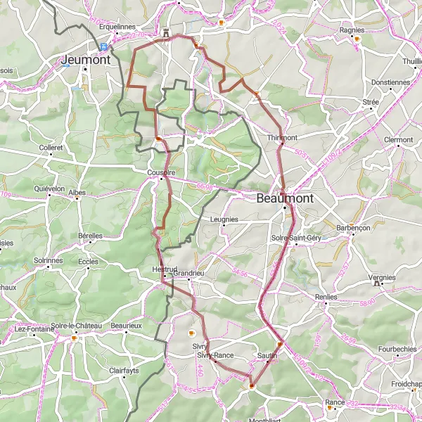 Miniatuurkaart van de fietsinspiratie "Gravel route van Solre-sur-Sambre naar Solre-sur-Sambre" in Prov. Hainaut, Belgium. Gemaakt door de Tarmacs.app fietsrouteplanner