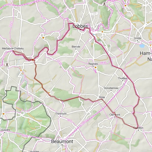 Miniature de la carte de l'inspiration cycliste "Boucle pittoresque de Lobbes" dans la Prov. Hainaut, Belgium. Générée par le planificateur d'itinéraire cycliste Tarmacs.app
