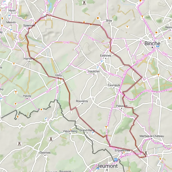 Map miniature of "Solre-sur-Sambre to Spiennes" cycling inspiration in Prov. Hainaut, Belgium. Generated by Tarmacs.app cycling route planner
