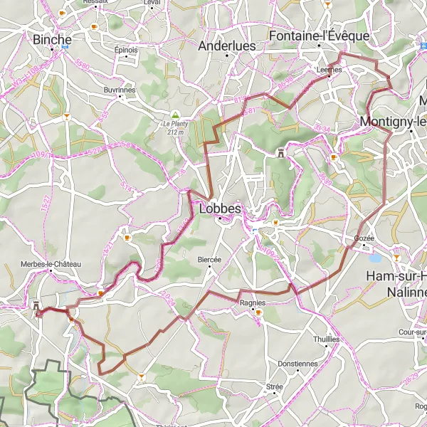 Miniatuurkaart van de fietsinspiratie "Natuur en geschiedenis in de omgeving van Solre-sur-Sambre" in Prov. Hainaut, Belgium. Gemaakt door de Tarmacs.app fietsrouteplanner