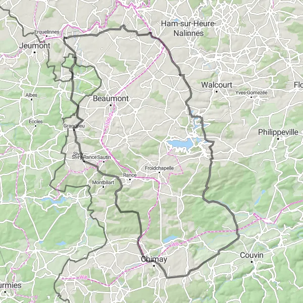 Miniature de la carte de l'inspiration cycliste "Le Tour des Châteaux de Solre-sur-Sambre" dans la Prov. Hainaut, Belgium. Générée par le planificateur d'itinéraire cycliste Tarmacs.app
