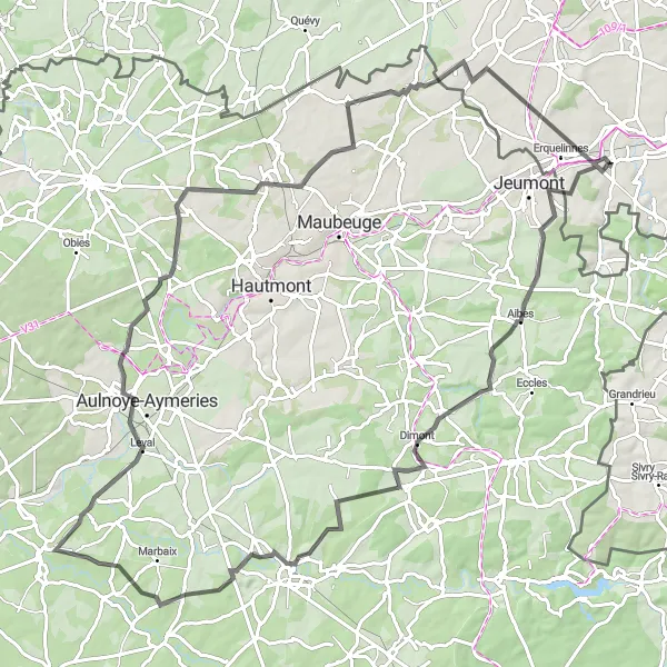 Map miniature of "The Aibes Loop" cycling inspiration in Prov. Hainaut, Belgium. Generated by Tarmacs.app cycling route planner