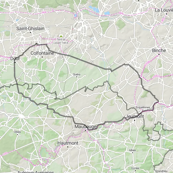 Miniatuurkaart van de fietsinspiratie "Dorpen en natuurschoon rondom Solre-sur-Sambre" in Prov. Hainaut, Belgium. Gemaakt door de Tarmacs.app fietsrouteplanner